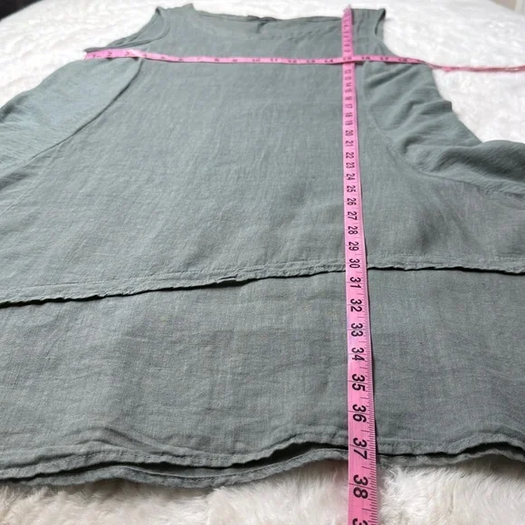 Cut Loose Linen Asym Tunic Dress M Sage Green Sleeveless Pocket Tiered Lagenlook - Picture 14 of 17